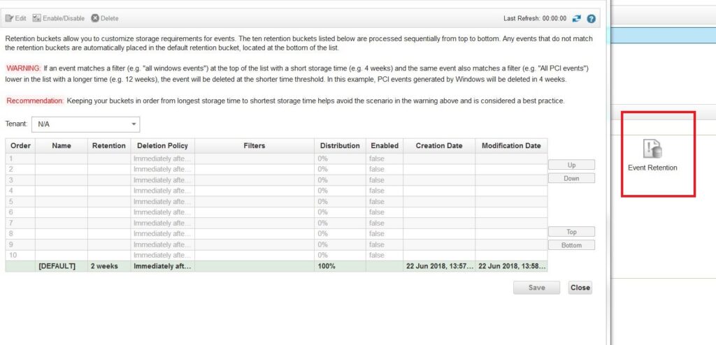 Event retention buckets